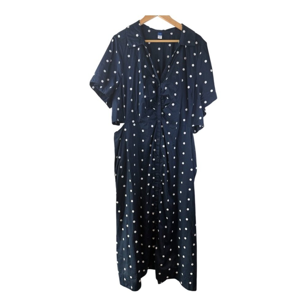 Old Navy Women's Shirt Dress Midi Polka Dot Cut Out Sides Button Front Navy 3X